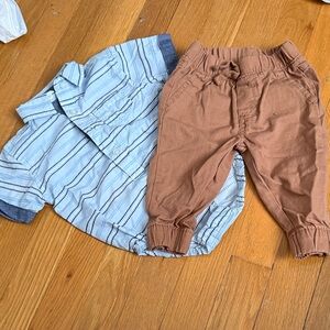Ben Sherman Blue Striped Shirt and Brown Pants Set